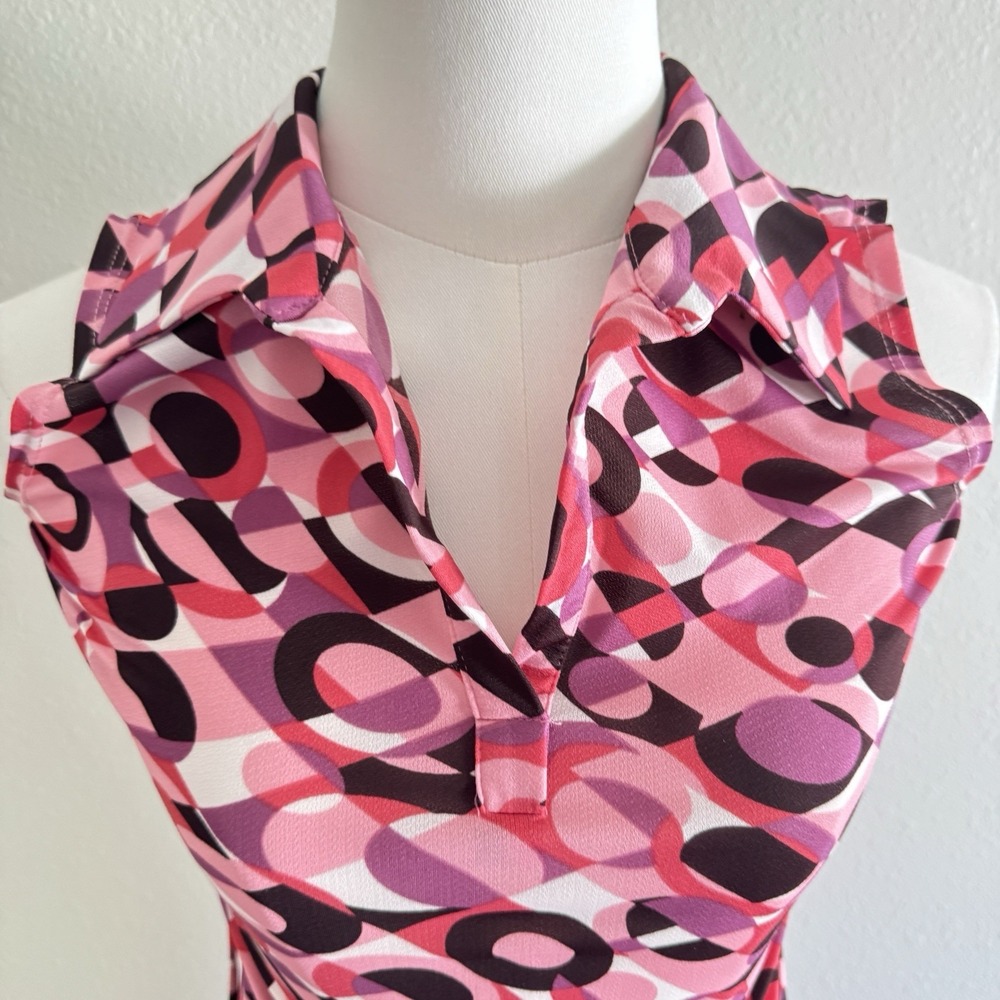 Vtg Y2K Collared Sleeveless Shirt Dress Sz M Retro Abstract Groovy Print Stretch